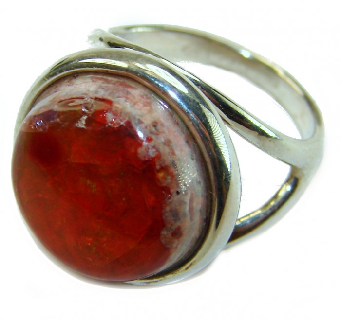 Queen of Fire best quality 11.4 carat Mexican Opal .925 Sterling Silver handmade ring 6 - Close-up of 11.4 carat Mexican Opal ring in .925 sterling silver setting