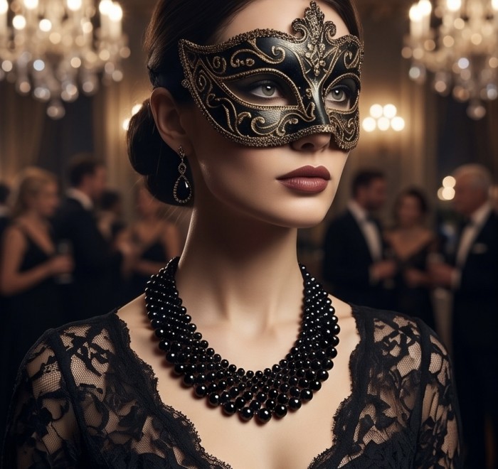 Rachel 250 carat Authentic Onyx .925 Sterling Silver handmade Necklace - Elegant onyx necklace worn at a masquerade ball, close-up view.