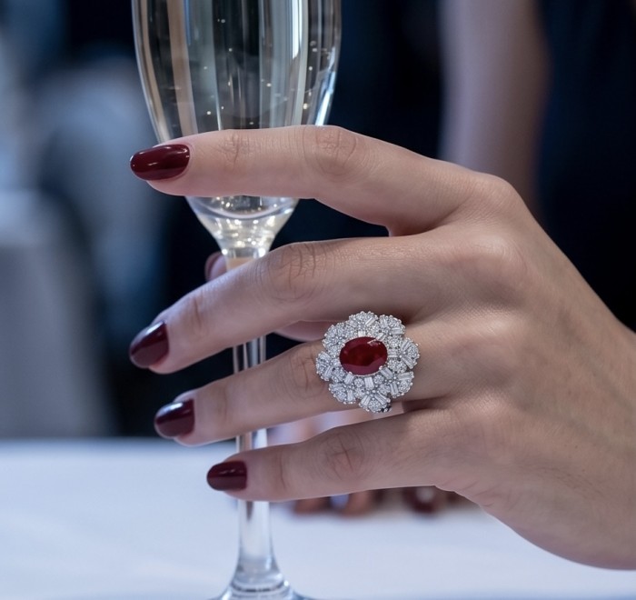 Rosalia 4.2 carat authentic Ruby .925 Sterling Silver handcrafted incredible ring s. 8 - Ruby ring on hand holding champagne glass, top view close-up.