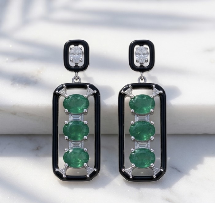 Art Deco 8.2 carat Colombian Emerald .925 Sterling Silver handcrafted Statement earrings - Art Deco emerald earrings front view, sterling silver setting.