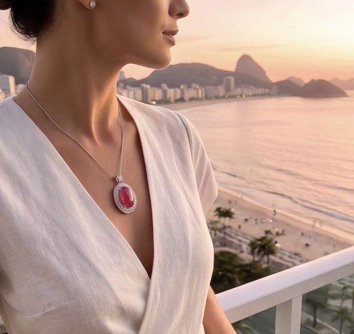 Giovanna 23.2 carat authentic cabochon Mozambique Ruby .925 Sterling Silver handmade Pendant - Woman wearing a Mozambique ruby necklace with beach backdrop