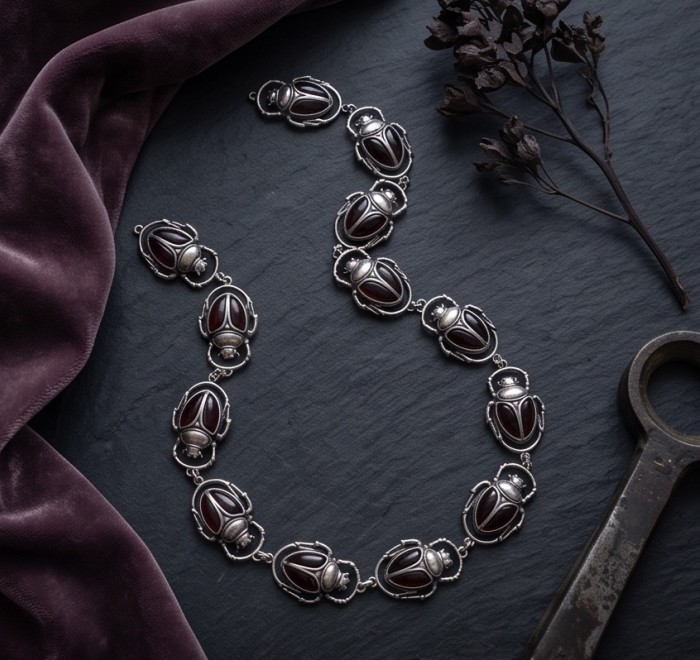 Unique creation - The Egyptian Scarab Beetles natural Baltic Amber .925 Sterling Silver entirely handcrafted necklace - Top view of Egyptian Scarab Beetles necklace on dark slate background.