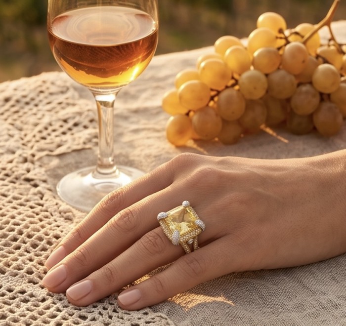 Carolyn - stunning 29.8 carat Genuine Yellow Sapphire rhodium over .925 Sterling Silver handcrafted ring size 7 - Yellow sapphire ring worn on hand with grapes and wine in background.