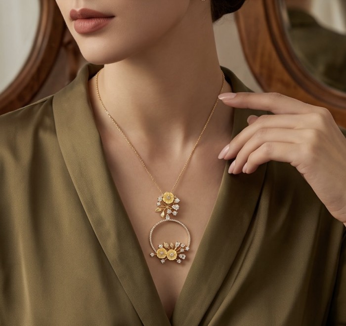 Secret Melody Authentic 11.2 carat Moissanite 22K Gold over .925 Sterling Silver handcrafted Statement Pendant - Model wearing Secret Melody pendant, close-up view.