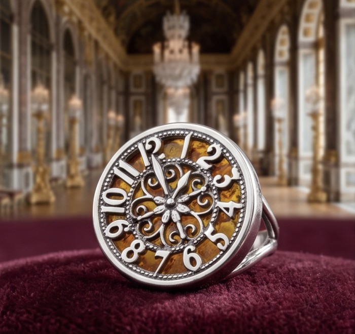 The Light Watchmaker Authentic Baltic Amber .925 Sterling Silver handcrafted ring; s. 6 adjustable - Close-up of The Light Watchmaker ring with amber and sterling silver.