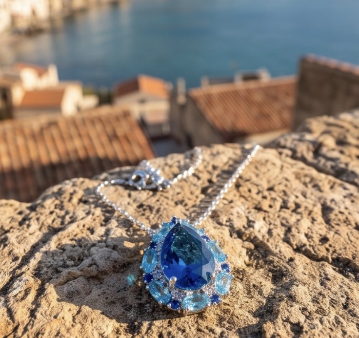 Vintage style 9.5 carat natural London Blue Topaz .925 Sterling Silver handcrafted necklace - Close-up of vintage 9.5ct London Blue Topaz necklace on stone surface