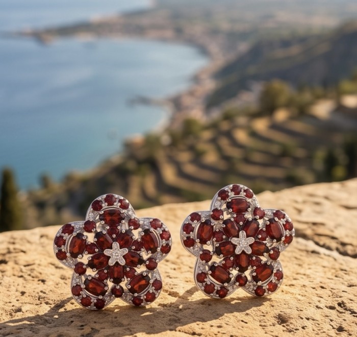 María Rosa - Real Art - Natural 14.2 carat Garnet .925 Sterling Silver handcrafted Statement earrings - Garnet flower earrings by the sea, front view, 14.2 carat, .925 silver.