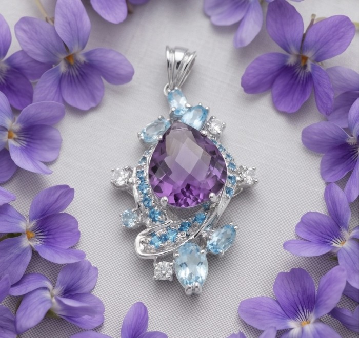 RARE BEAUTY! Valentina 22.2 carat Amethyst .925 Sterling Silver dipped in rhodium Statement pendant - Amethyst pendant with floral border, top view, on white fabric.