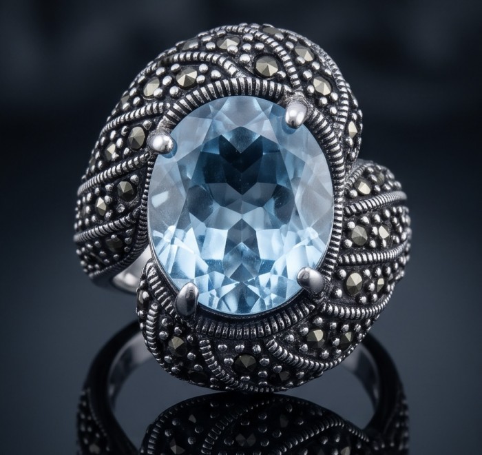 Massive Angel Blue 25.8 carat Aquamarine Marcasite .925 Sterling Silver handcrafted ring size 8 - Close-up of massive Aquamarine and Marcasite ring with intricate details.