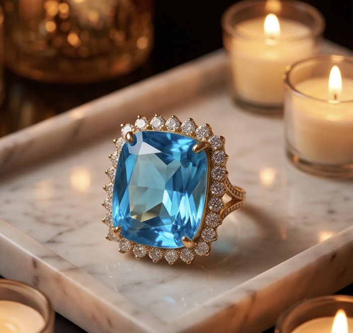 The Ocean Empress 47.8 carat Swiss Blue Topaz 22K Gold over .925 Sterling Silver handcrafted ring size 5 1/2 - Close-up of The Ocean Empress Swiss Blue Topaz ring on a marble tray