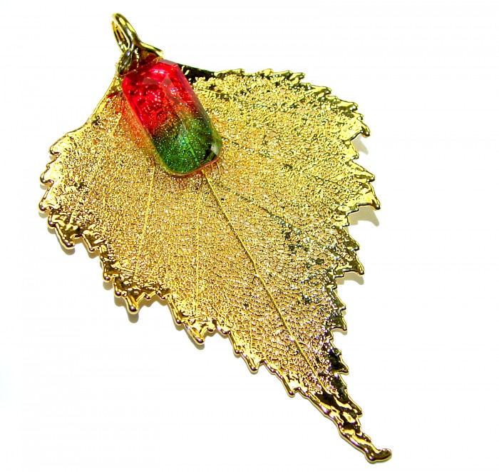 Stylish REAL Leaf Coved with Sterling Silver and 14K Gold Golden Topaz Tourmaline & .925 Sterling Silver Pendant - photo 2