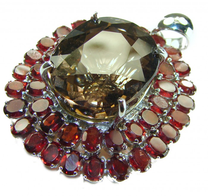 Authentic 45.5 carat carved Smoky Topaz Garnet .925 Sterling Silver handmade Statement Pendant - photo 3