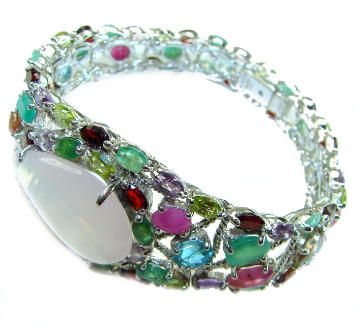Marie Antoinette's STYLE authentic 52.5 carat Brazilian Rose Quartz .925 Sterling Silver handcrafted Statement Bracelet - Colorful gemstone bracelet, side view with various stones.