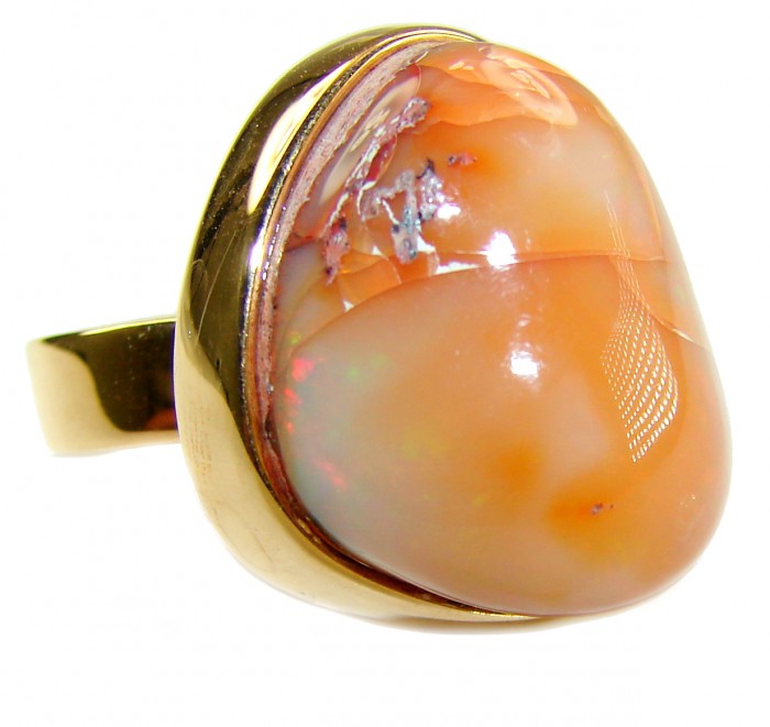 Inner Fire best quality 21.4 carat Mexican Opal 18K Gold over .925 Sterling Silver handmade ring 7 adjustable - Close-up of Inner Fire Mexican Opal ring with 18K gold setting.