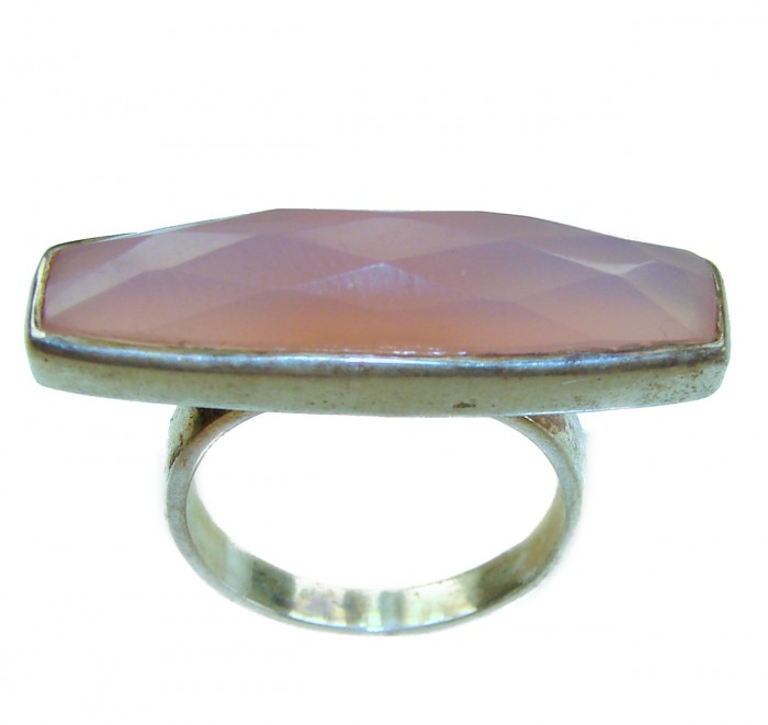 Extravaganza Authentic 8.5 carat Brazilian Rose Quartz .925 Sterling Silver incredible Ring size 6 - Side view of an 8.5 carat Brazilian Rose Quartz ring with silver band.