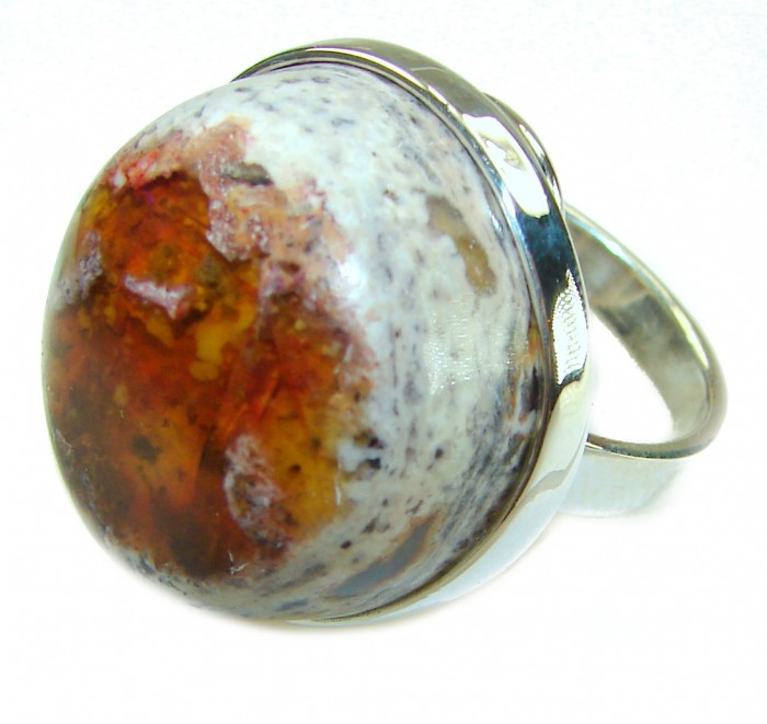 Queen of Fire best quality 22.4 carat Mexican Opal .925 Sterling Silver handmade ring 8 adjustable - Close-up of Queen of Fire Mexican Opal ring in .925 silver setting.