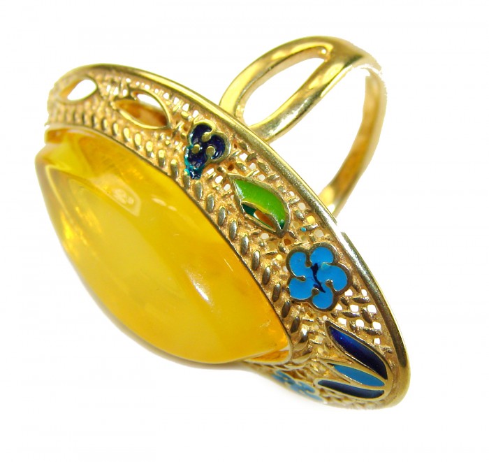 Tradition 12.2 carat Amber enamel 14K Gold over .925 Sterling Silver Handcrafted Large Ring size 6 adjustable - Side view of amber enamel ring, 14K gold over sterling silver.