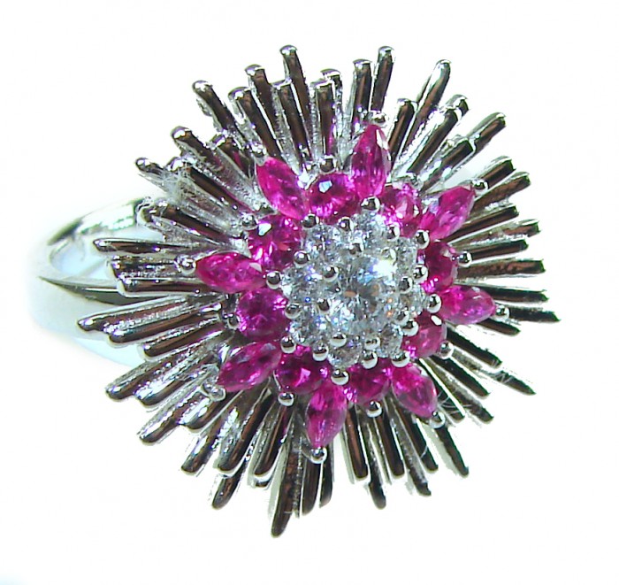 Royal red Star Genuine 6.5 CARAT Ruby .925 Sterling Silver Statement Ring size 6 1/4 - Close-up of Royal Red Star Ruby ring with 6.5 carat stones in sterling silver.