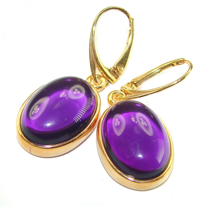 Lavender Beauty authentic 10.2 carat Amethyst 14K Gold over .925 Sterling Silver handcrafted earrings - Close-up of lavender amethyst earrings in 14K gold setting.