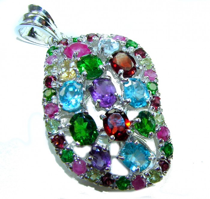 Fiesta Authentic 12.5 carat Multigem .925 Sterling Silver brilliantly handcrafted pendant - Multigem pendant top view with vibrant stones in sterling silver.