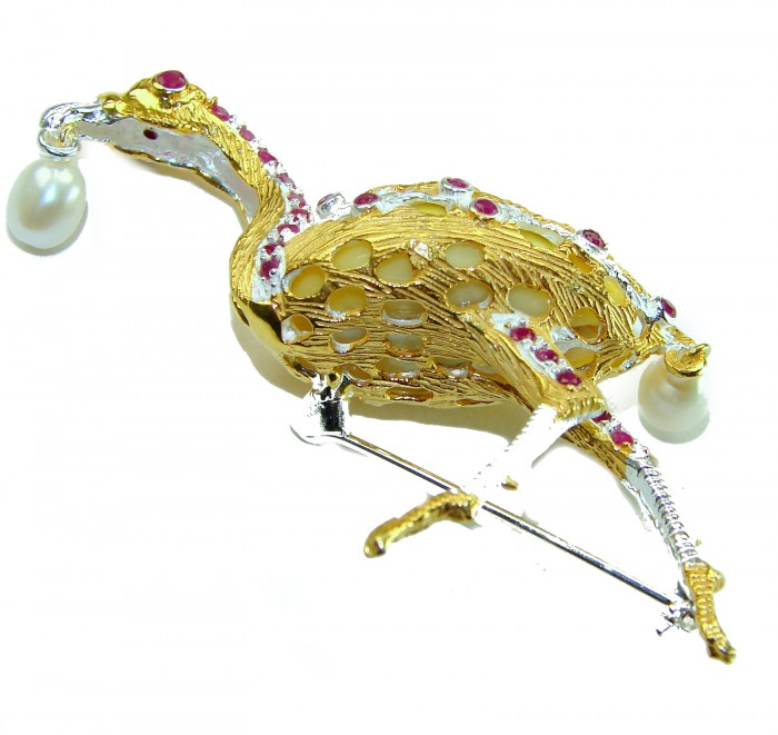 Precious Heron Natural Sea Shell 2 tones .925 Sterling Silver Brooch - Side view of heron brooch with pearl detail, two-tone sterling silver.