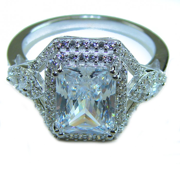 LUXURIOUS 5.2 carat White Topaz .925 Sterling Silver handcrafted Ring s. 7 1/2 - Sterling silver ring with white topaz close-up, front angle view.