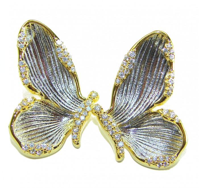 Golden Butterfly White Topaz highly polished 18K Gold over .925 Sterling Silver Italy made Earrings - Golden butterfly brooch with white topaz, front view detailed close-up.