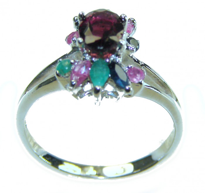 Melody - Vintage Design 4.4 CARAT Garnet .925 Sterling Silver handcrafted ring; s. 8 - Side view of vintage design garnet ring with colorful gemstones.
