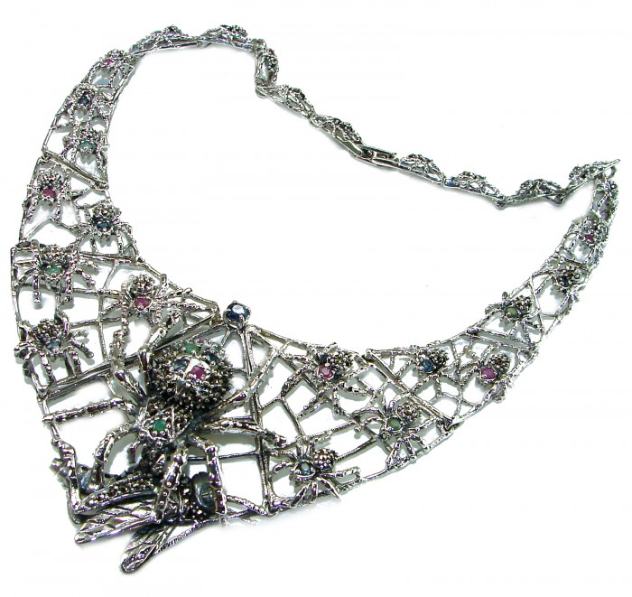 LARGE One of the kind Hunting Spiders Colombian Emerald Ruby Sapphire .925 Sterling Silver handmade necklace - Intricate spider web necklace with gems, top view.