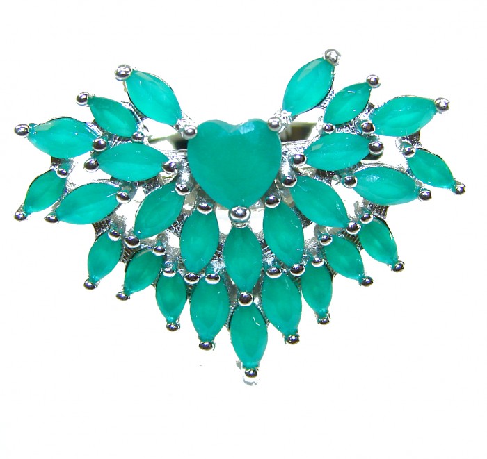 Precious Heart 15.8 carat natural Colombian Emerald .925 Sterling Silver handmade Statement Ring size 7 1/2 - Brooch with green marquise emeralds and heart centerpiece, front view.