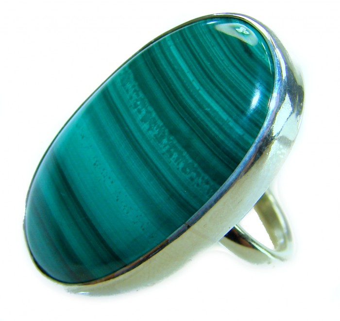 Green River 33.2 CARAT genuine Malachite from Utah .925 Sterling Silver handcrafted ring size 8 adjustable - Stone close-up of Green River 33.2 carat malachite ring in .925 silver.
