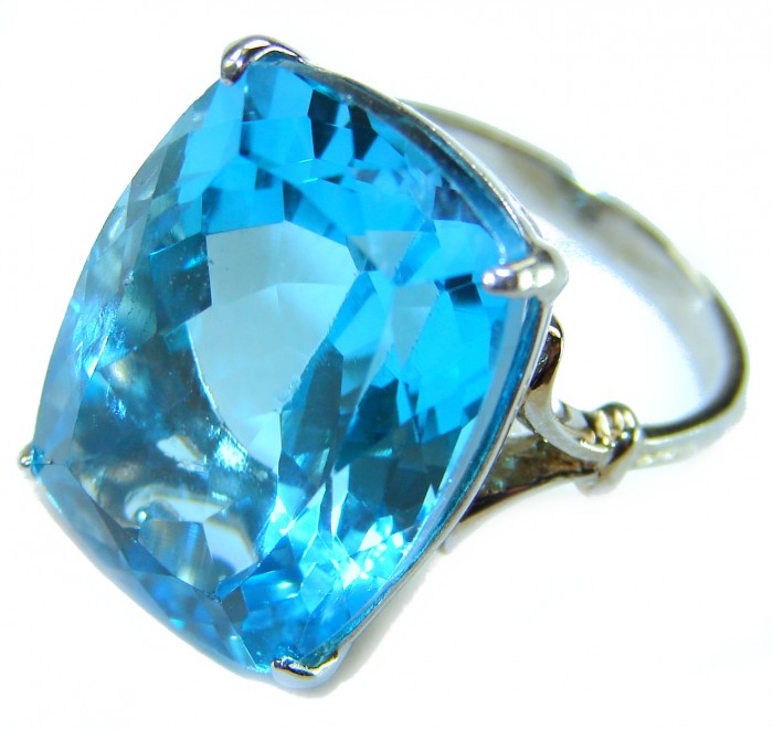 Poseidon 28.8 carat Swiss Blue Topaz .925 Sterling Silver handcrafted Large ring size 7 - Close-up of Swiss Blue Topaz ring in sterling silver setting.