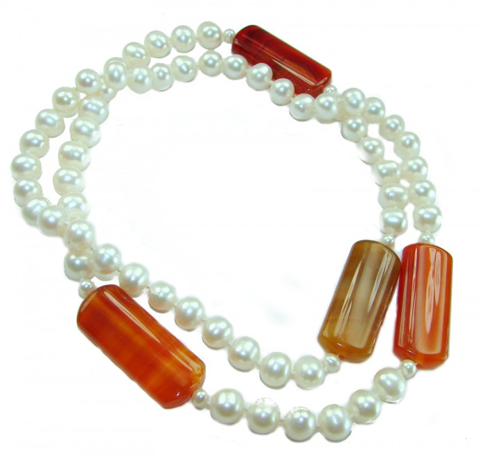 Incredible 30 inches long Freshwater Pearl Carnelian .925 Sterling Silver handmade Necklace - Freshwater pearl and carnelian necklace laid flat, top view.