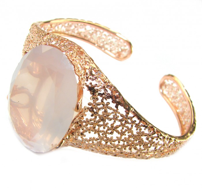 Vintage Beauty Genuine 42.2 carat Brazilian Rose Quartz Rose quartz 22K Rose Gold over .925 Sterling Silver handcrafted Bracelet / Cuff - Side view of vintage rose quartz bracelet with intricate design