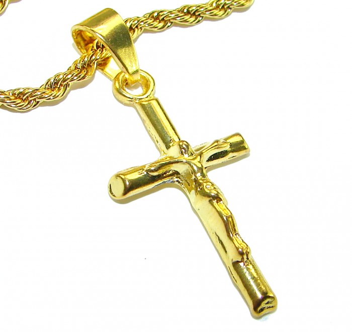 Precious Cross Genuine 14K Gold over .925 Sterling Silver handmade necklace - Gold cross pendant on rope chain, front view