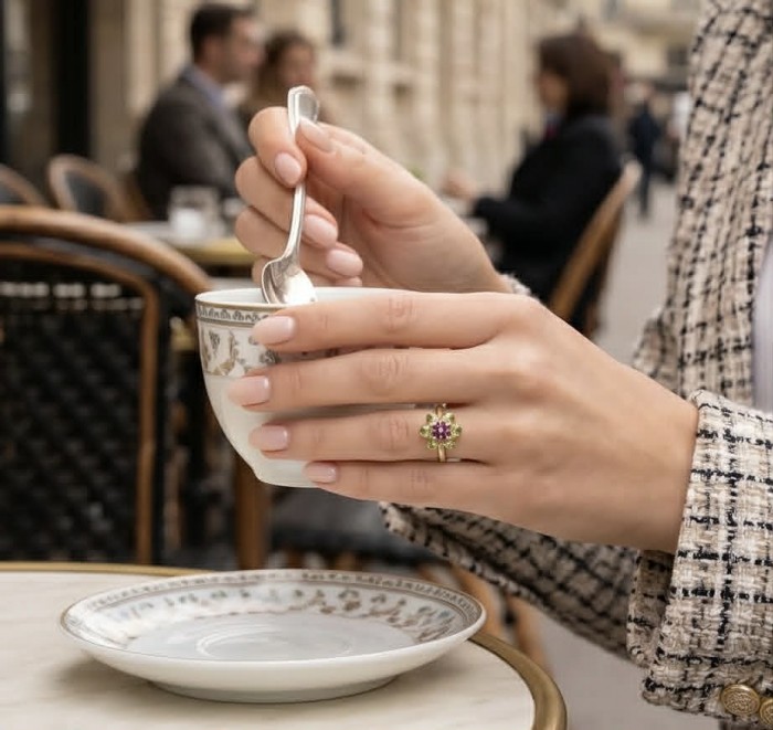 Authentic 8.9 carat Peridot 18K Gold over .925 Sterling Silver handmade Ring s. 6 - Ring worn on hand holding teacup, showcasing peridot and gold details.