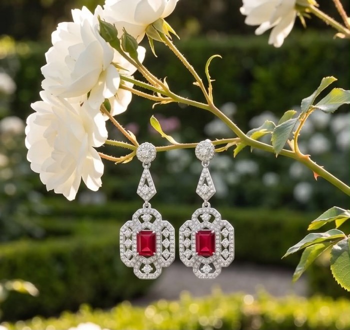 Carolyn - authentic 6.4 carat Ruby .925 Sterling Silver dipped in rhodium handcrafted Statement earrings - Ruby and silver earrings hanging on white roses in a garden.