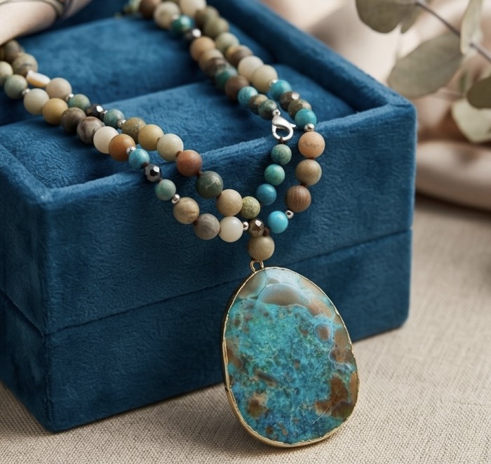 Bochemian style Moss Agate .925 Sterling Silver handcrafted Statement necklace - Bohemian Moss Agate necklace on display, close-up view