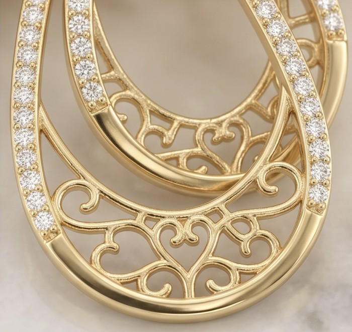 Black Label Collection - Dubai Style - Natural 22K Gold over .925 Sterling Silver handmade earrings - Close-up of ornate gold hoop earrings with diamonds.