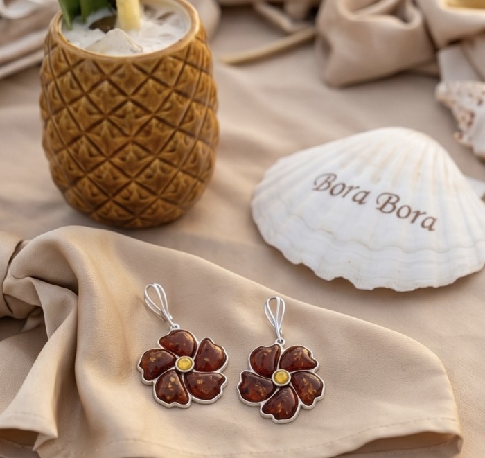 Serenity - Authentic Baltic Amber .925 Sterling Silver handcrafted earrings - Flower earrings on fabric with pineapple cup and shell background.