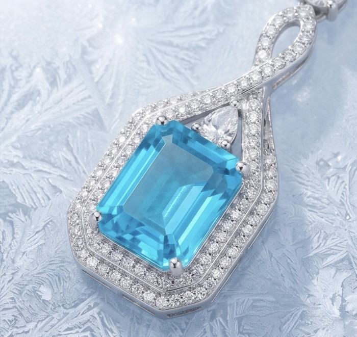 Bellissima Incredible 12.5 carat Paraiba Tourmaline .925 Sterling Silver entirely handmade earrings - Close-up of Bellissima 12.5 ct Paraiba Tourmaline pendant on icy background.