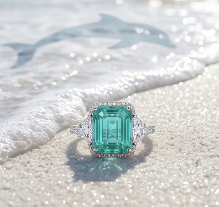 Empress of Colombia 12.2 carat natural Emerald .925 Sterling Silver dipped in Rhodium handcrafted Ring size 6 1/4 - Close-up of Empress of Colombia emerald ring on sandy beach background