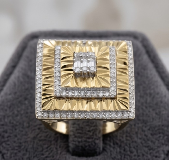 Art Deco 2.2 carat White Topaz 14K Gold over .925 Silver handcrafted Cocktail Ring s. 6 1/4 - Art Deco ring close-up on display, gold with white topaz and silver trim.