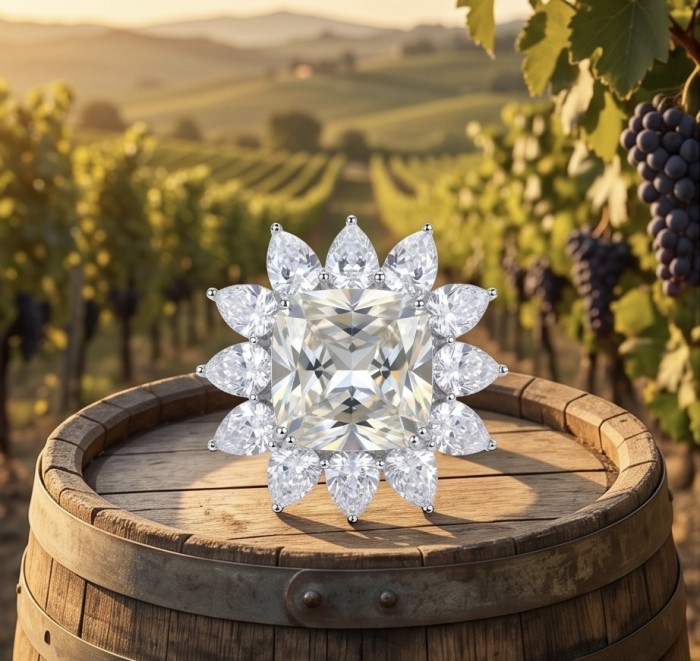Fiorella Precious 25.5 carat assher cut Natural yellow Sapphire .925 Sterling Silver Statement Large ring size 8 - Fiorella 25.5 carat yellow sapphire ring on barrel with vineyard backdrop.