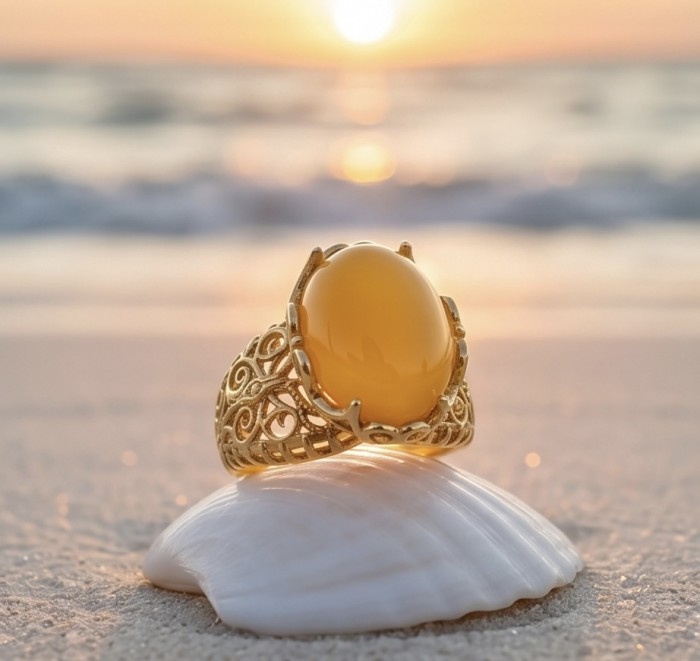 Vintage Style Authentic Golden Butterscotch Baltic Amber 18K Gold over .925 Sterling Silver entirely handcrafted ring; s. 7 1/2 - Close-up of vintage golden butterscotch Baltic amber ring at sunset.
