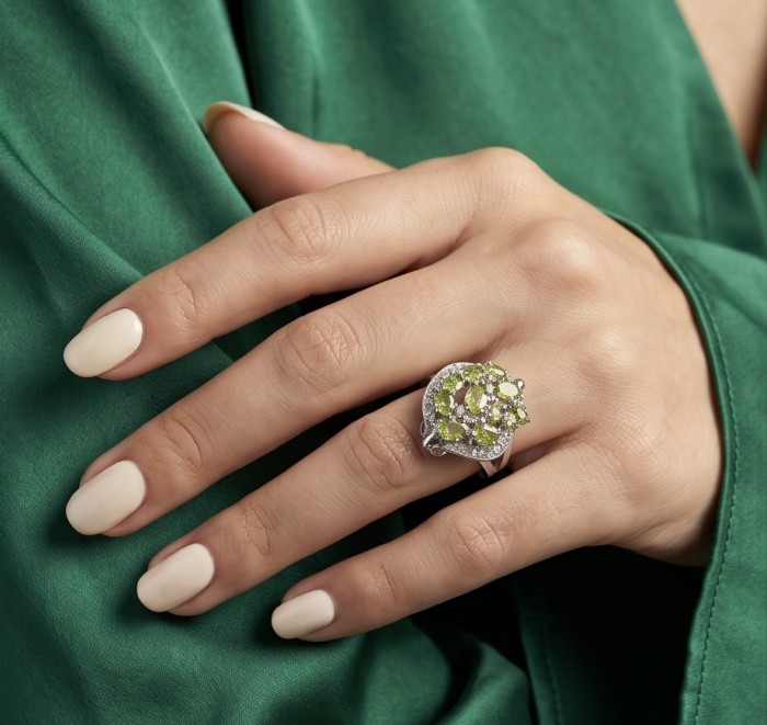 Garden 9.9 carat authentic Himalayan Peridot .925 Sterling Silver Handcrafted Statement Ring size 8 - Peridot ring worn on hand with green fabric background.