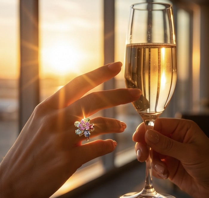 4.8 carat Brazilian Tourmaline .925 Sterling Silver dipped in 18K Gold Perfectly handcrafted Ring s. 8 - Ring worn on hand, sparkling in sunset, holding champagne flute