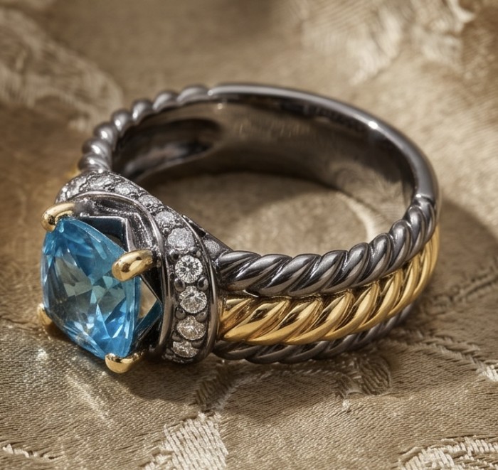 Nautilus 4.8 carat London Blue Topaz black rhodium 18K Gold over .925 Sterling Silver handcrafted Ring size 7 1/2 - Side view of Nautilus ring with blue topaz and diamond accents.