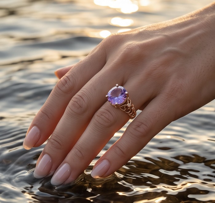 Serenity 9.5 carat natural Amethyst 18K Rose Gold over .925 Sterling Silver Handcrafted Ring size 8 - Amethyst ring in 18K rose gold worn on hand near water.