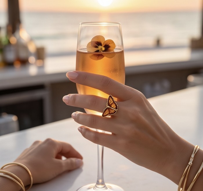 Butterfly Authentic Baltic Amber .925 Sterling Silver dipped in 18K Gold handcrafted ring; s. 7 adjustable - Butterfly Amber Silver Ring worn on hand with sunset drink.